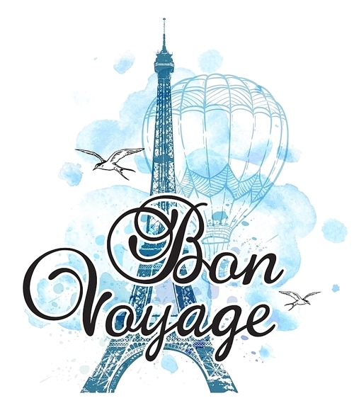 Eiffel Tower and air balloon on a blue watercolor background. Travel background with Bon voyage lettering.