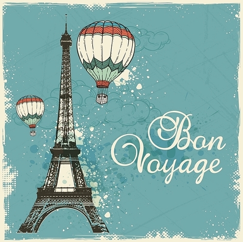 Vintage card with Eiffel Tower and air balloons. Travel background with Bon voyage lettering.