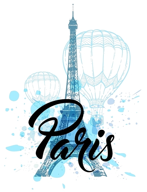 Eiffel Tower and air balloons on a blue background. Vintage travel background.