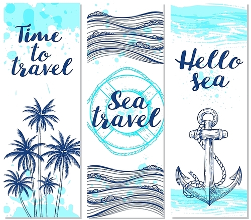 Blue vertical marine banners. Hand drawn summer travel backgrounds.