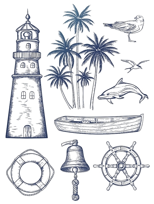 Set of hand drawn vector vintage nautical set. Marine design elements.