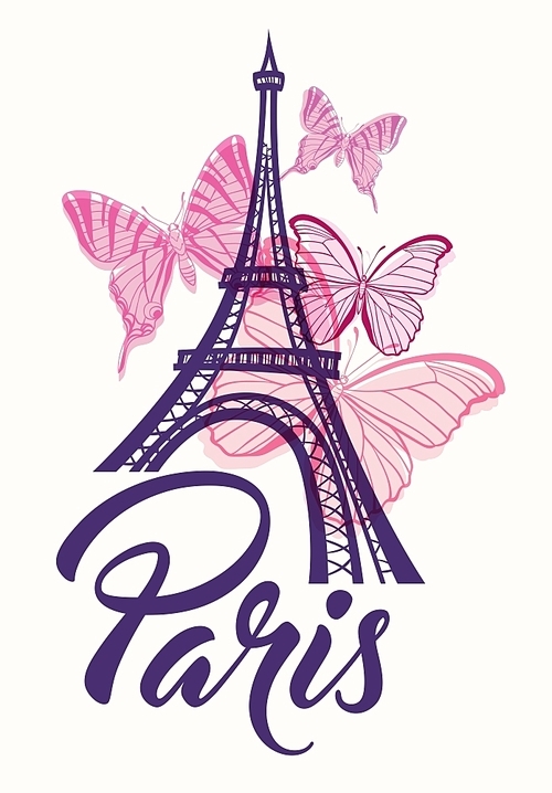 Romantic background with Eiffel Tower and pink butterflies. Vector illustration.