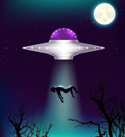 Fantastic background with UFO abducts a man. Vector illustration.
