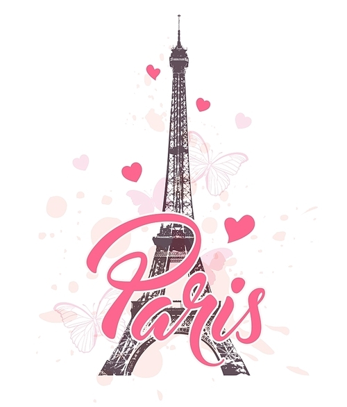 Romantic background with Eiffel Tower, hearts and pink butterflies. Vector illustration.