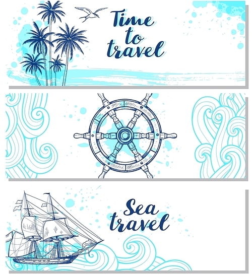 Blue horizontal marine banners. Hand drawn travel backgrounds.