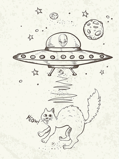 Fantastic doodle background with UFO abducts a cat. Vector illustration.