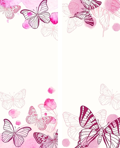 Abstract vector vertical banners with red butterflies and pink watercolor blots.