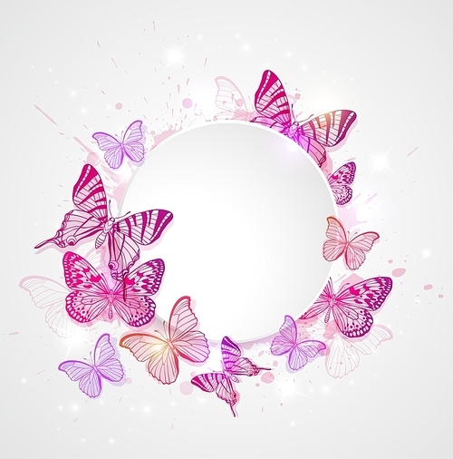 Abstract vector round banner with pink and red butterflies