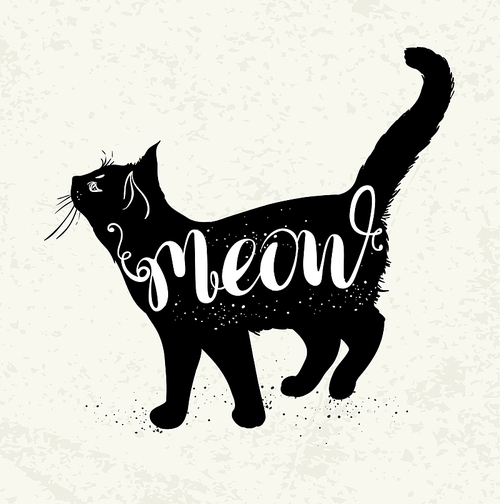 Background with black cat and lettering Meow. Hand drawn vector illustration.