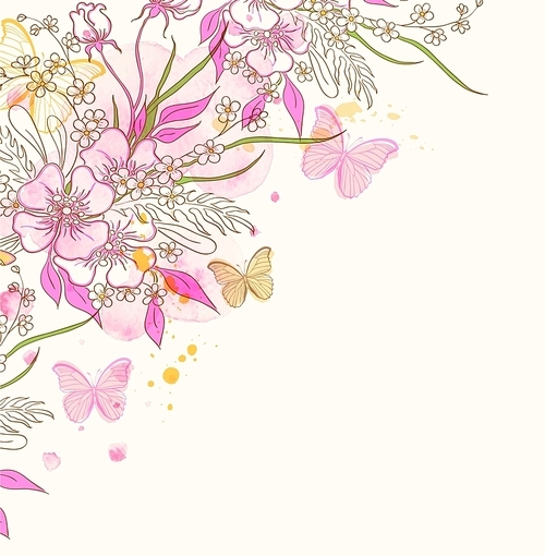 Abstract vector floral background with flowers, butterflies and pink watercolor blots