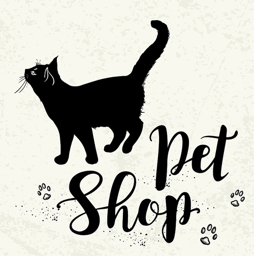 Background with black cat and lettering Pet shop. Hand drawn vector illustration.