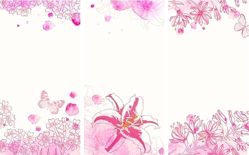 Vertical floral banners with hand drawn flowers and pink watercolor blots. Vector illustration.