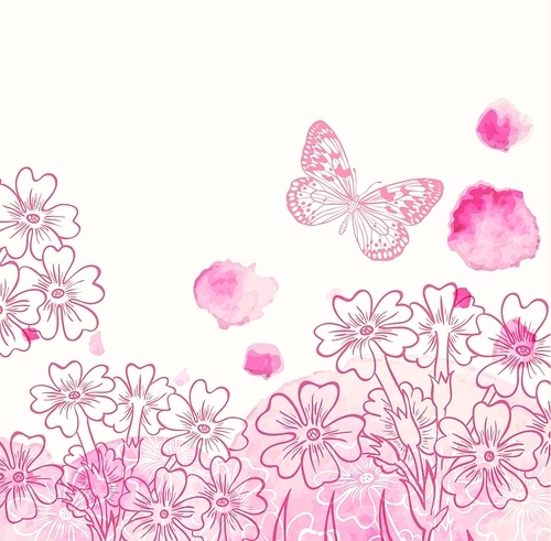 Abstract vector floral background with flowers and pink watercolor blots