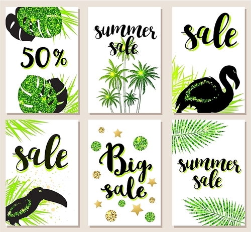 Set of summer tropical glitter green vector cards for seasonal sale