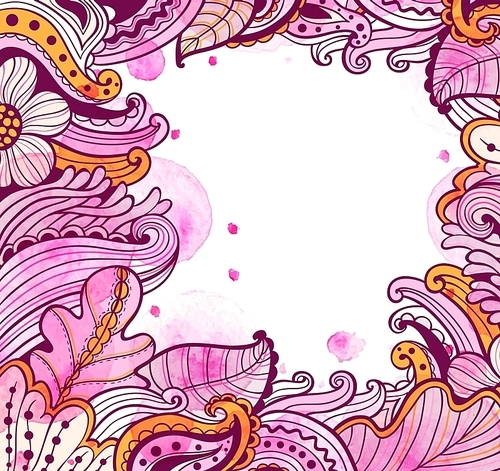 Abstract floral autumn frame with pink watercolor blots. Hand drawn vector illustration.