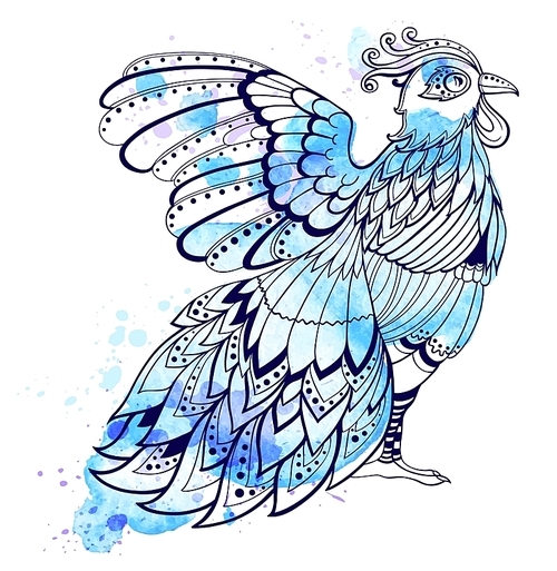 Hand drawn decorative bird with blue watercolor texture.