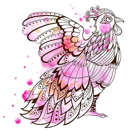 Hand drawn decorative bird with pink watercolor texture.