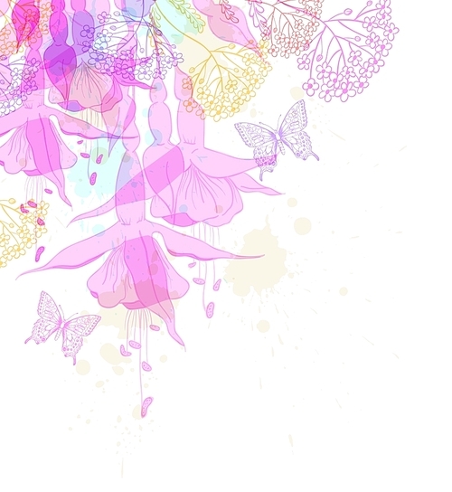 Bright abstract tropical background with flowers and butterflies. Hand drawn vector illustration.