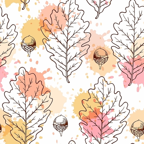 Autumn seamless pattern with oak leaves and acorns.