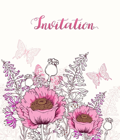 Vector floral background with pink  poppy, wildflowers and butterfly. Hand drawn vector illustration.