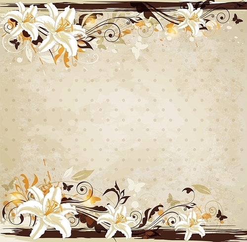 Decorative floral vintage vector background with lily and butterflies.