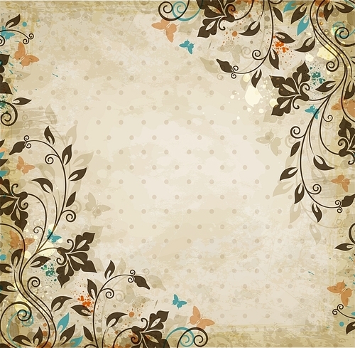 Decorative floral vintage vector background with flowers and butterflies.