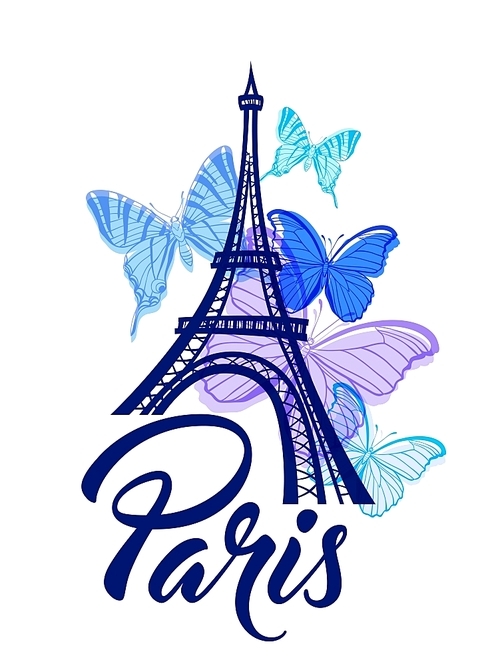 Romantic background with Eiffel Tower and blue butterflies. Vector illustration.