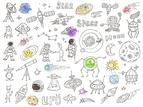 Set of vector hand drawn space doodles