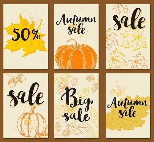 Set of autumn vector cards for seasonal sale. Autumn backgrounds.