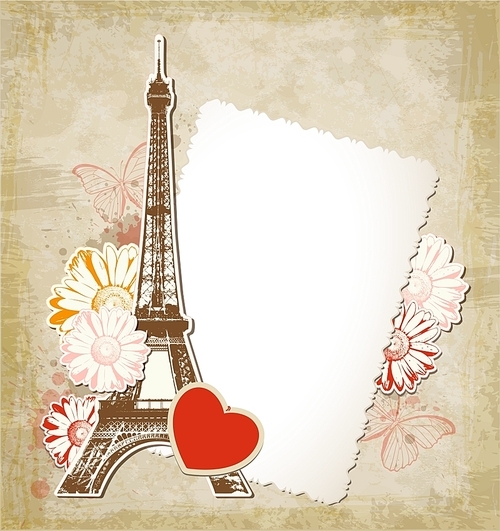 Vector background with old paper frame and  Eiffel tower. Vintage travel background.