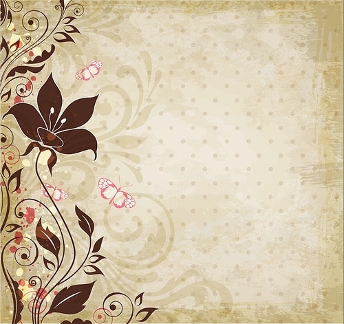 Abstract floral background with flowers and butterflies. Vintage decorative vector background.