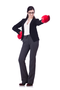 Businesswoman in boxing concept on white