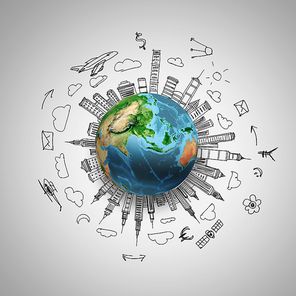 Earth planet on grey background with pencil sketches. Elements of this image are furnished by NASA