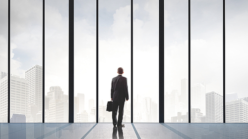 Businessman standing with back and looking in office window