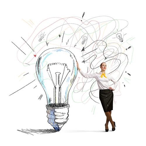Image of businesswoman leaning on bulb. Idea concept