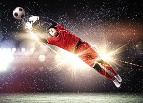 Goalkeeper catches the ball . At the stadium, in the spotlight.