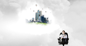Businessman in chair and blank thought cloud above his head