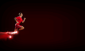 Running man in red sport wear on red background