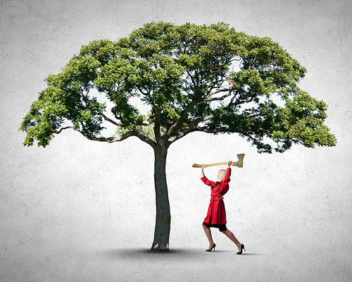 Blond woman in red coat with axe and green tree