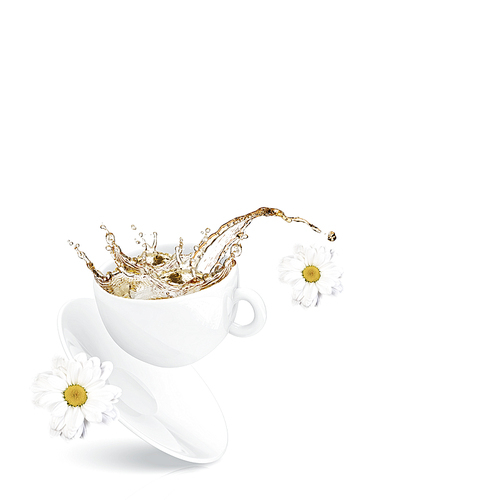 White cup of tea with chamomile flower