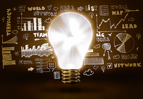 Conceptual image with light bulb and business sketches