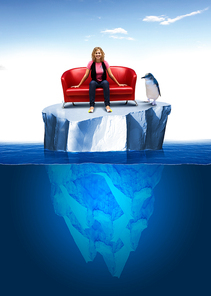 Young woman sitting on a red sofa floating on an iceberge