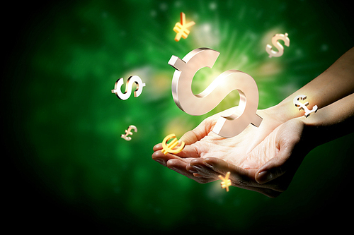 Hands holding money currency signs in palm