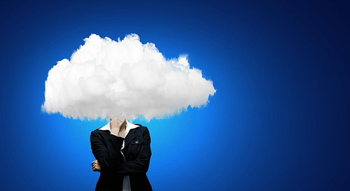Businesswoman standing with his head in cloud