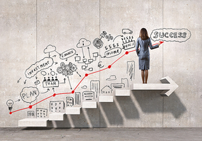 Businesswoman drawing strategy plan over ladder leading to success