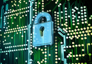 Conceptual digital image of lock on circuit background