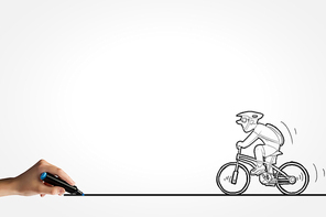 Caricature of man riding bike and human hand drawing line