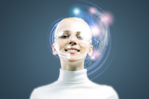 Young woman in white with hologram round head