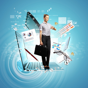 Modern technology illustration with computers and business person