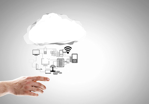 Close up of businessman hand holding cloud with media icons